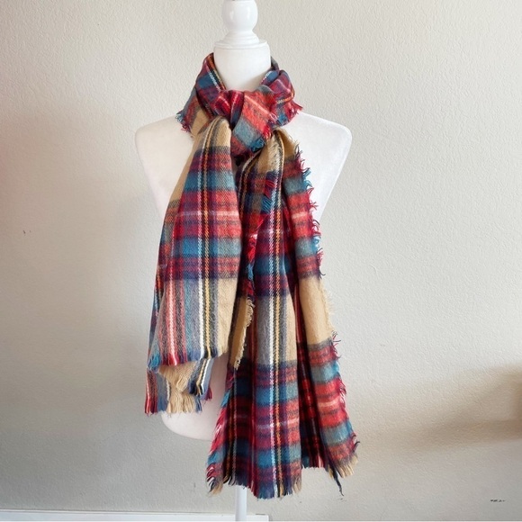 Tan Red Green Plaid Wrap Fringe Scarf - Picture 1 of 3
